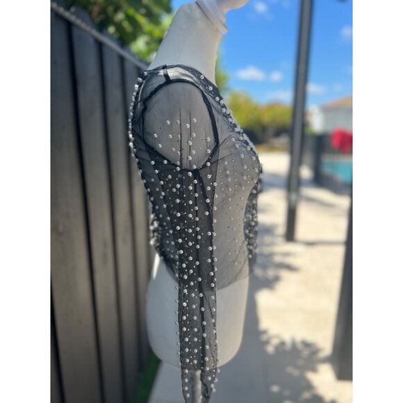 NWT see-through pearl rhinestone long sleeve mesh blouse black SMALL - Picture 2 of 3